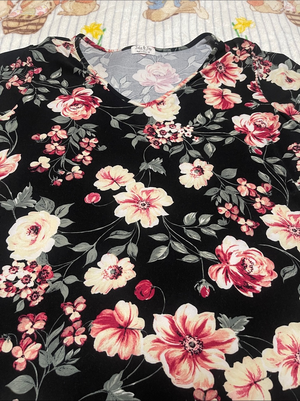 Floral V-Neck Blouse in Black with Pink Accents